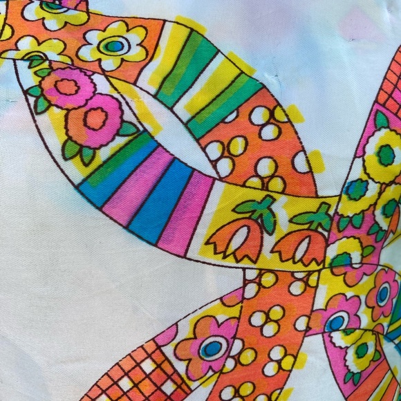 Vintage 70s Groovy Floral Satin Top Blouse Circles Bright Short Sleeve L - Picture 7 of 7